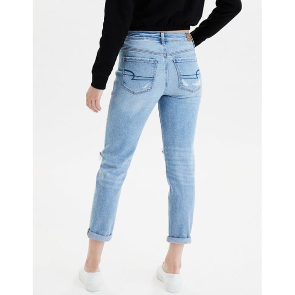 American Eagle Stretch Tomgirl Jeans Slashed Sky Destroyed Ripped BF Boyfriend 0 - Picture 2 of 14